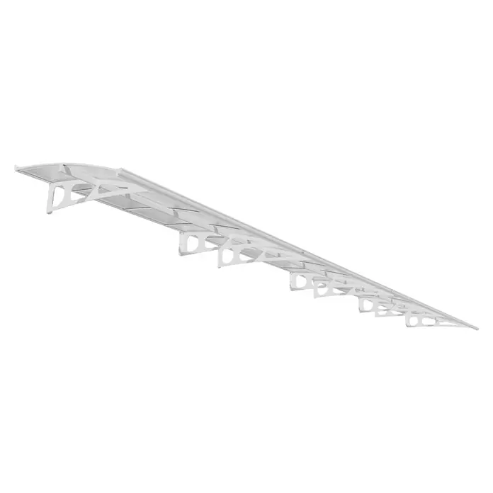 Palram – Canopia Marquesina para puerta Bordeaux - 892 x 139 x 33 cm, Blanco, Vidrio acrílico - Primer plano de un elegante toldo de puerta blanco con elementos de soporte intrincados, que ofrece refugio con estilo.