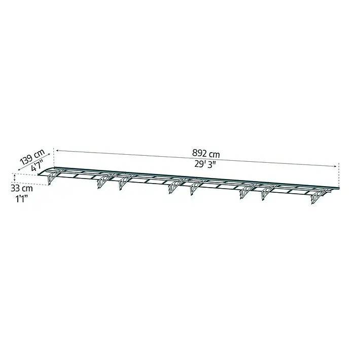 Palram – Canopia Marquesina para puerta Bordeaux - 892 x 139 x 33 cm, Blanco, Vidrio acrílico - La imagen muestra una vista en perspectiva de un toldo con dimensiones.