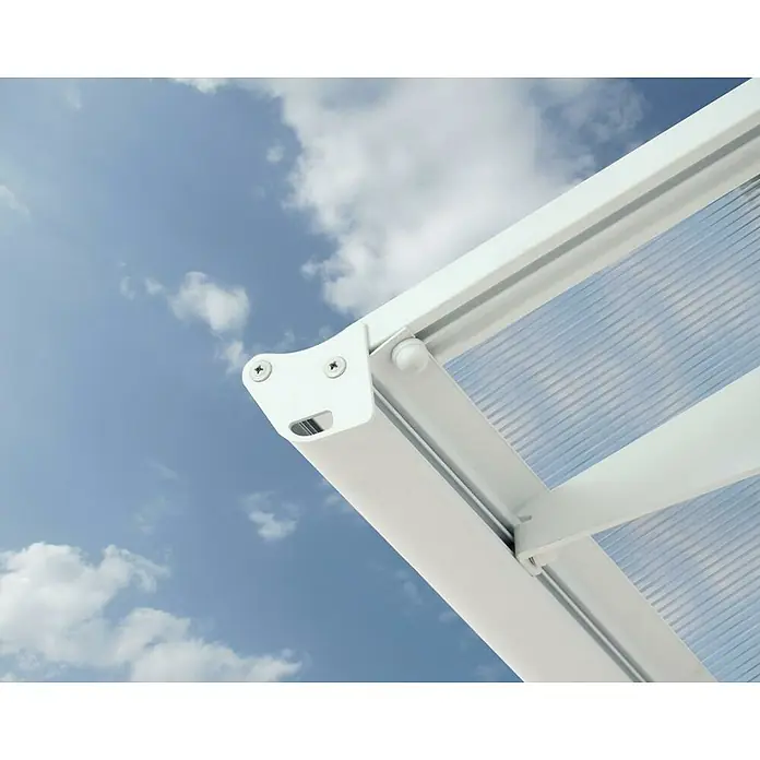 Palram – Canopia Marquesina para puerta Bordeaux - 892 x 139 x 33 cm, Blanco, Vidrio acrílico - Vista detallada de una cubierta de patio blanca con paneles de policarbonato contra un cielo azul.