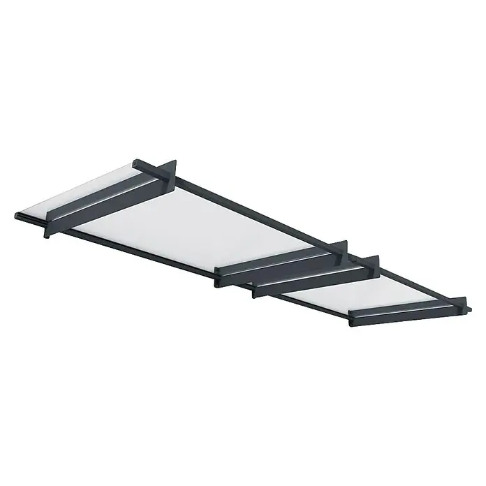 Palram – Canopia Pultvordach Nancy - 301 x 94 x 14 cm, Anthrazitgrau - Deckenleuchte mit mehreren weißen Paneelen und einem modernen, dunklen Rahmen für eine elegante Beleuchtung im Raum.
