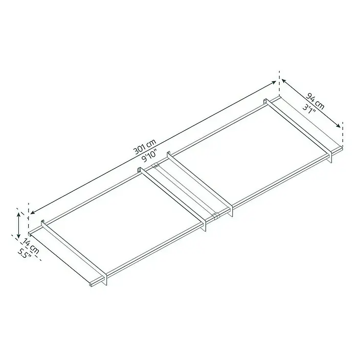 Palram – Canopia Marquesina para puerta Nancy - 301 x 94 x 14 cm, Gris antracita - Ilustración de un armazón de cama con dimensiones de 301 cm de largo, 94 cm de ancho y 14 cm de alto.