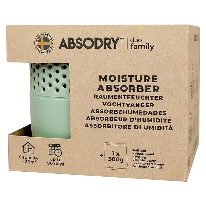 Absodry Duo Family Luftentfeuchter Series 3 - Waldgrün - Abbildung des "Absodry Duo Family" Luftentfeuchters mit Nachfüllbeutel, geeignet für Räume bis 30m³, mit bis zu 90 Tagen Wirksamkeit.