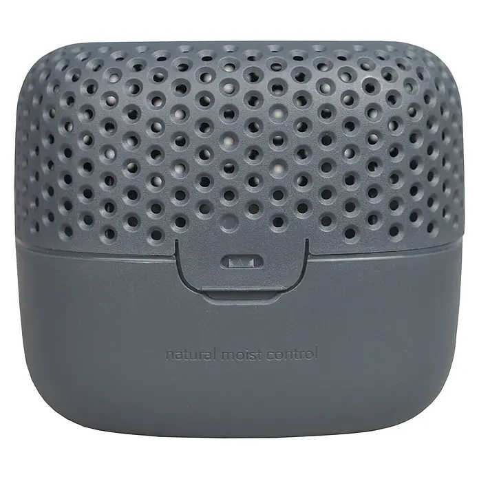 Absodry Duo Family Luftentfeuchter Series 3 - Dunkelgrau - Ein grauer, runder Luftentfeuchter mit Löchern und der Aufschrift "Natural Moist Control" für ein angenehmes Raumklima.