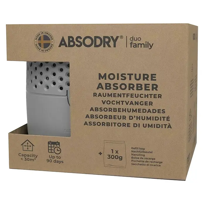 Absodry Duo Family Luftentfeuchter Series 3 - Grau - Verpackung des Absodry Duo Family Feuchtigkeitsabsorbers, der bis zu 30 m³ abdeckt und 90 Tage hält.