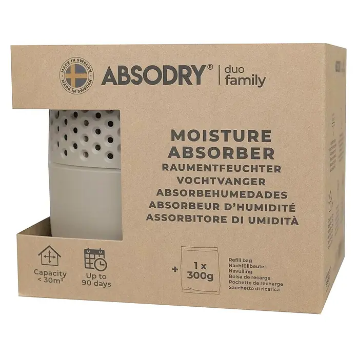 Absodry Duo Family Luftentfeuchter Series 3 - Beige - Abgebildet ist ein AbsoDry Duo Family Feuchtigkeitsabsorber in einer braunen Verpackung mit Produktinformationen.