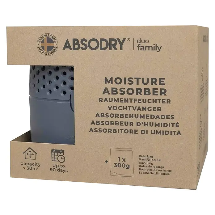Absodry Duo Family Luftentfeuchter Series 3 - Dunkelgrau - Abgebildet ist eine Verpackung des AbsoDry Duo Family Luftentfeuchters mit Nachfüllbeutel, der bis zu 30 m³ Raumgröße entfeuchten kann.