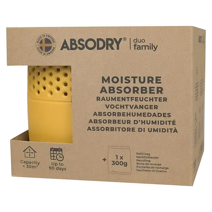 Absodry Duo Family Luftentfeuchter Series 3 - Senfgelb - Feuchtigkeitsabsorber AbsoDry Duo Family im Karton, gelber Behälter, Kapazität bis 30 m³, Wirkungsdauer bis 90 Tage, mit Nachfüllbeutel.