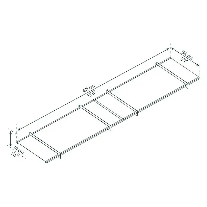 Palram – Canopia Marquesina para puerta Nancy - 411 x 94 x 14 cm, Gris antracita - Vista superior del estante con dimensiones de 411 cm de largo, 94 cm de ancho y 14 cm de alto, mostrado en un dibujo técnico.