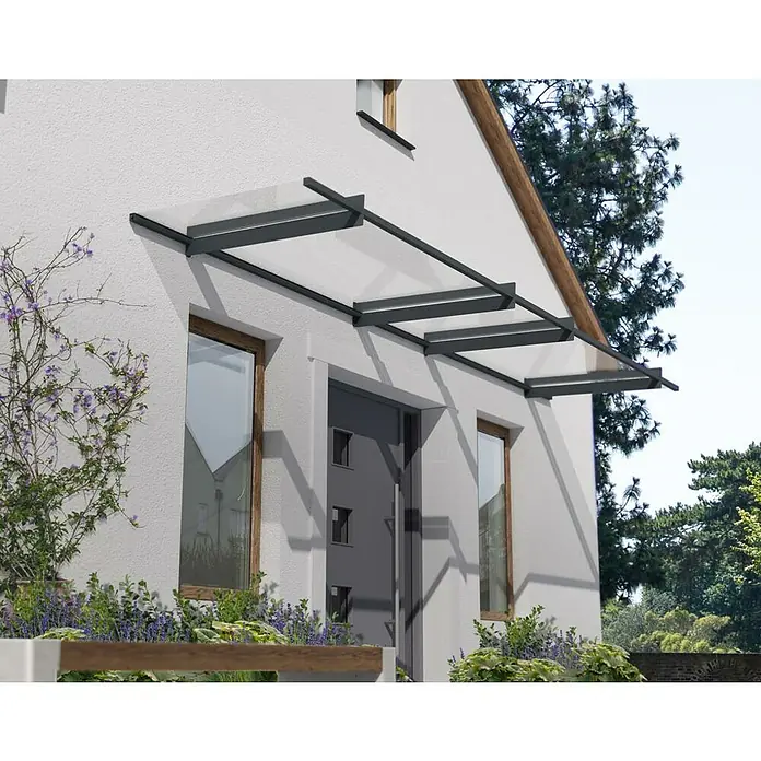 Palram – Canopia Marquesina para puerta Nancy - 411 x 94 x 14 cm, Gris antracita - Marquesina moderna con vidrio claro y marco oscuro que protege la entrada y da un toque elegante a la casa.