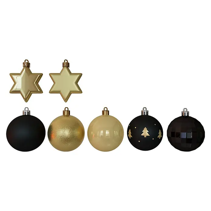 Weihnachtskugeln - Schwarz/Gold, Kunststoff, Durchmesser: 5 cm, 35 Stk. - Weihnachtsschmuck: Goldene Sterne und Kugeln in Schwarz und Gold für festliche Dekorationen.
