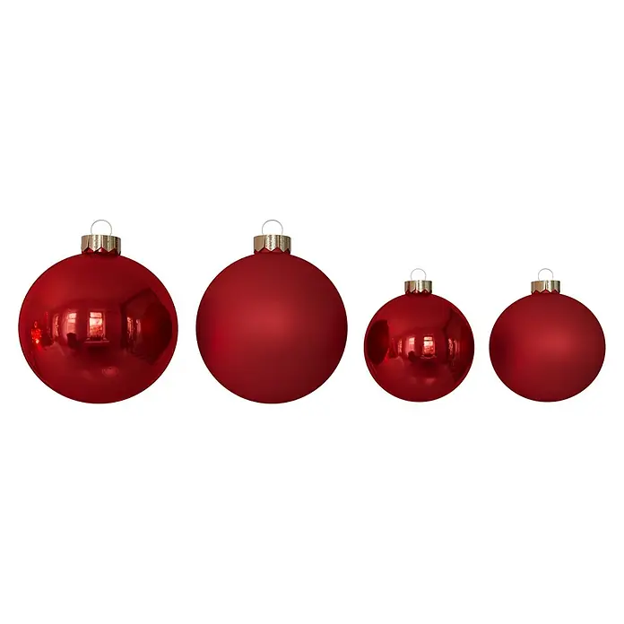 Weihnachtskugeln - Merry Red, Glas, Durchmesser: 5 cm - 7 cm, 54 Stk. - Weihnachtliche Dekoration: Vier rote Christbaumkugeln in verschiedenen Größen schmücken festlich. Ein echter Hingucker für die Weihnachtszeit.