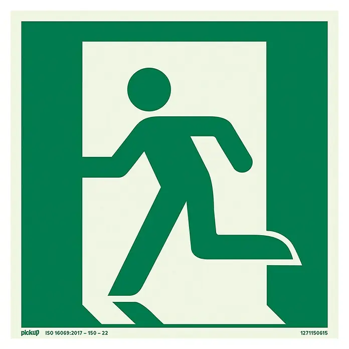 Pickup Fluchtwegschild SK - L x B: 150 x 150 mm, Notausgang links - Grünes Notausgangsschild mit stilisierter, laufender Person durch eine Tür. Wichtig für die Sicherheitsbeschilderung.