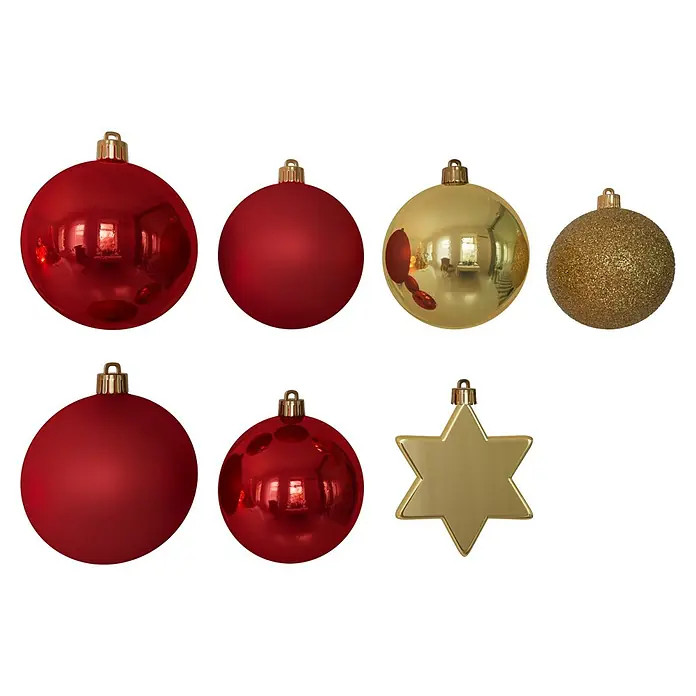 Decoris Weihnachtskugeln - Rot/Gold, Kunststoff, 20 Stk. - Weihnachtliche Vielfalt: Eine Sammlung roter und goldener Christbaumkugeln sowie ein goldener Stern für festliche Dekorationen.
