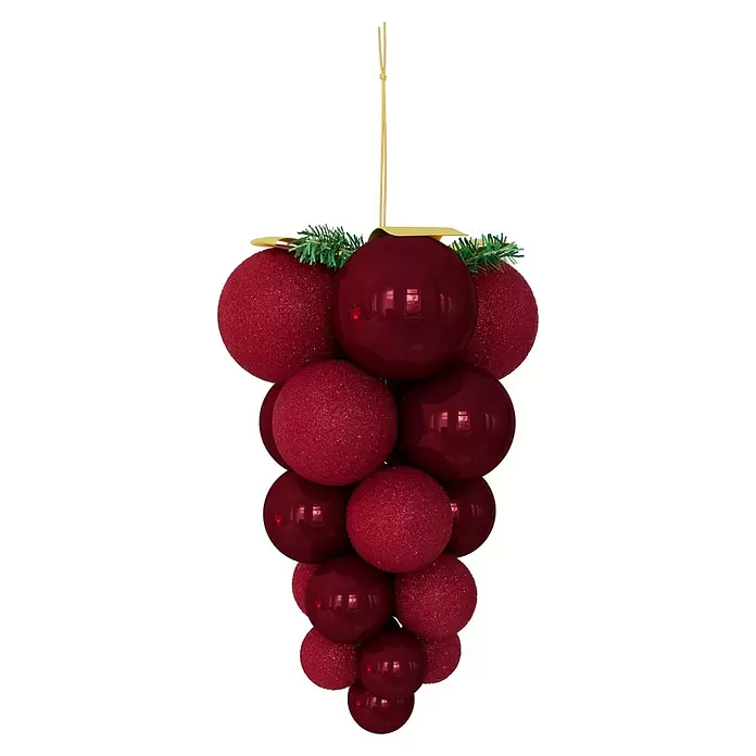 Deko-Anhänger Vinella - L x B: 20 x 20 cm, 1 Stk., Bordeaux - Rote Weihnachtskugel-Traube: glänzende und glitzernde Kugeln, grünes Lametta, goldene Aufhängeschnur.