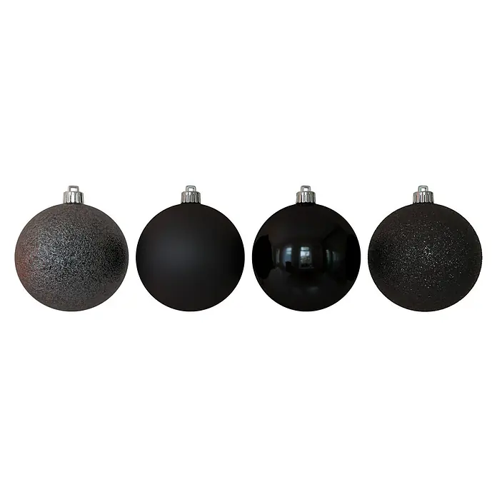 Weihnachtskugeln - Schwarz, Kunststoff, Durchmesser: 6 cm, 48 Stk. - Vier schwarze Weihnachtskugeln mit unterschiedlichen Texturen, von matt bis glänzend, für festliche Dekorationen.