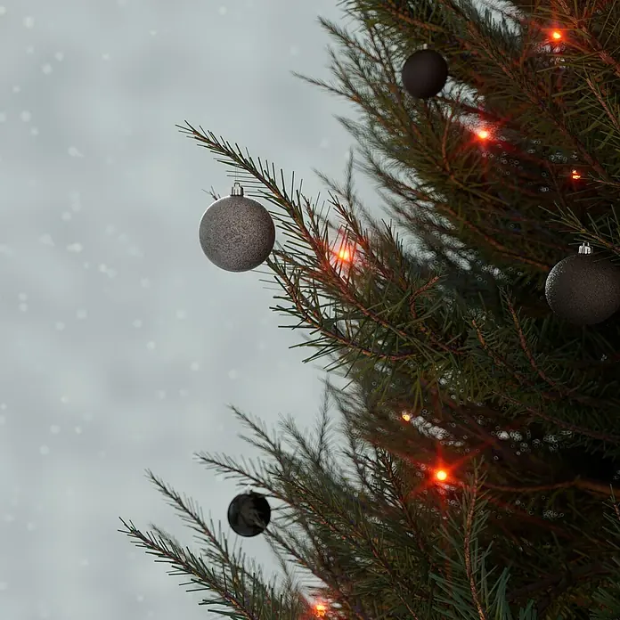 Weihnachtskugeln - Schwarz, Kunststoff, Durchmesser: 6 cm, 48 Stk. - Nahaufnahme eines geschmückten Weihnachtsbaums mit grauen Kugeln und warmen Lichtern, die eine festliche Atmosphäre schaffen.