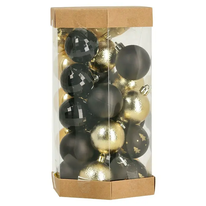 Weihnachtskugeln - Schwarz/Gold, Kunststoff, Durchmesser: 5 cm, 35 Stk. - Eine transparente Box gefüllt mit goldenen und schwarzen Weihnachtskugeln in verschiedenen Ausführungen, perfekt für die festliche Dekoration.
