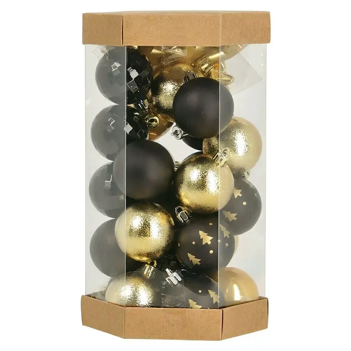 Weihnachtskugeln - Schwarz/Gold, Kunststoff, Durchmesser: 5 cm, 35 Stk. - Ein rechteckiger Behälter enthält eine Mischung aus schwarzen und goldenen Weihnachtskugeln mit verschiedenen Mustern und Texturen.
