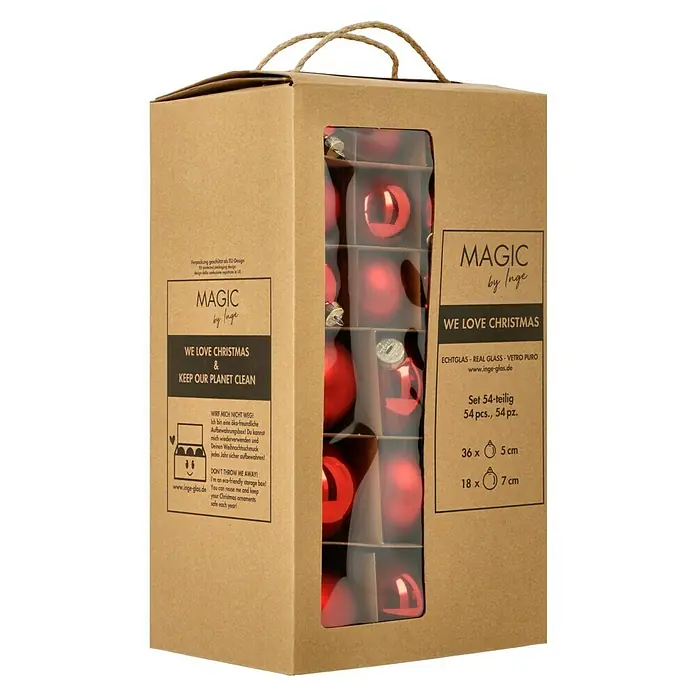 Weihnachtskugeln - Merry Red, Glas, Durchmesser: 5 cm - 7 cm, 54 Stk. - Karton mit 54 roten Weihnachtskugeln von Magic by Inge, 36 Kugeln mit 5 cm Durchmesser und 18 Kugeln mit 7 cm Durchmesser.