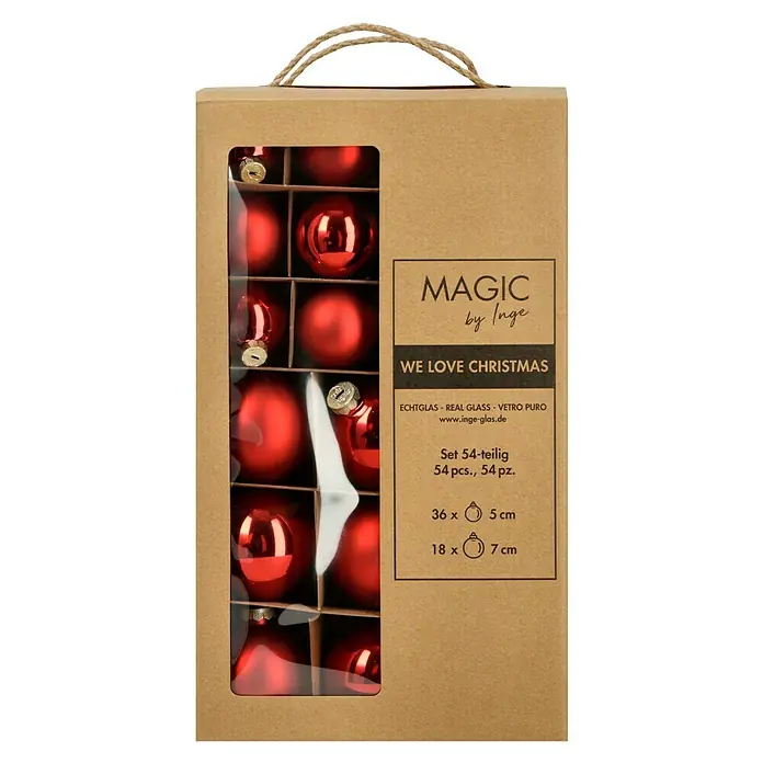 Weihnachtskugeln - Merry Red, Glas, Durchmesser: 5 cm - 7 cm, 54 Stk. - Eine Packung mit 54 roten Weihnachtskugeln von Magic by Inge, darunter 36 Kugeln mit 5 cm Durchmesser und 18 Kugeln mit 7 cm Durchmesser.