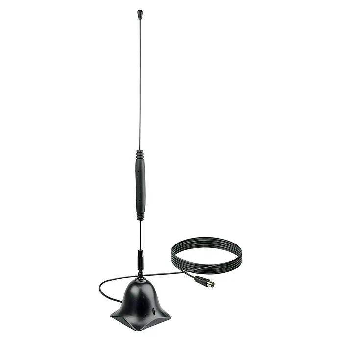 Schwaiger Aktive DVB-T Stabantenne ANT02DTA 031 - Schwarz, F-Stecker mit Adapter auf Koax Stecker - Ein detailreiches Bild einer tragbaren DVB-T/T2-Antenne, die für den Empfang von digitalen terrestrischen Fernsehsignalen ausgelegt ist.