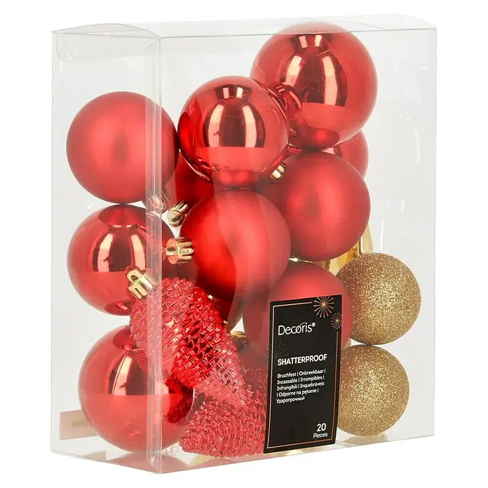Decoris Weihnachtskugeln - Rot/Gold, Kunststoff, 20 Stk. - Eine durchsichtige Box mit roten und goldenen, bruchsicheren Weihnachtskugeln der Marke Decoris®.