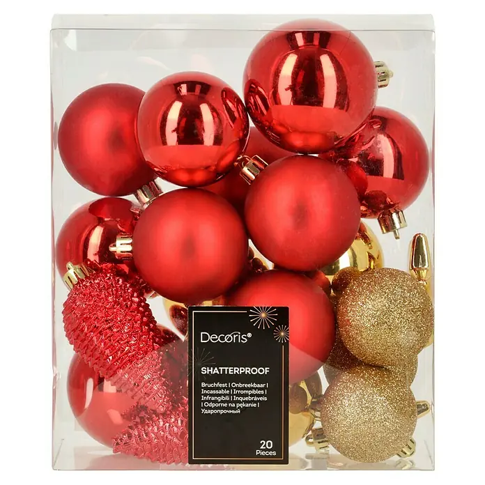 Decoris Weihnachtskugeln - Rot/Gold, Kunststoff, 20 Stk. - Eine durchsichtige Box mit roten und goldenen, bruchsicheren Weihnachtskugeln, ideal für eine festliche Dekoration Ihres Weihnachtsbaums.