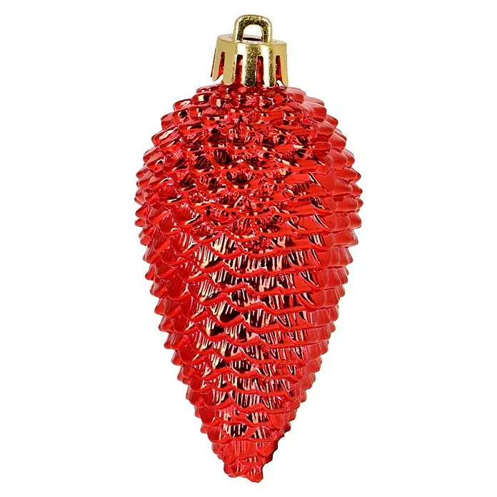 Decoris Weihnachtskugeln - Rot/Gold, Kunststoff, 20 Stk. - Nahaufnahme einer roten, zapfenförmigen Weihnachtsbaumkugel mit goldener Aufhängung, die festliche Eleganz ausstrahlt.