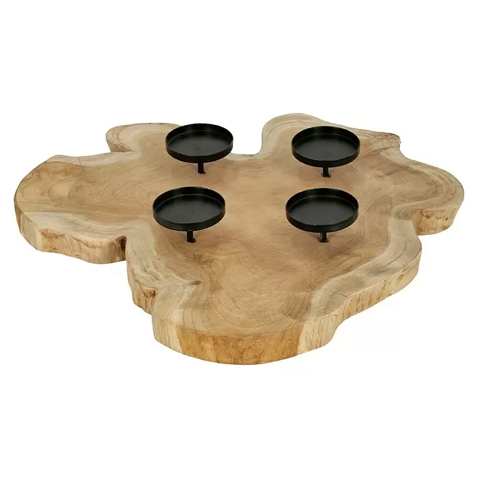 Adventskranz Holz - Durchmesser: 55 cm, Holz, Braun - Unregelmäßig geformter Kerzenhalter aus Naturholz mit vier schwarzen Metallschalen.