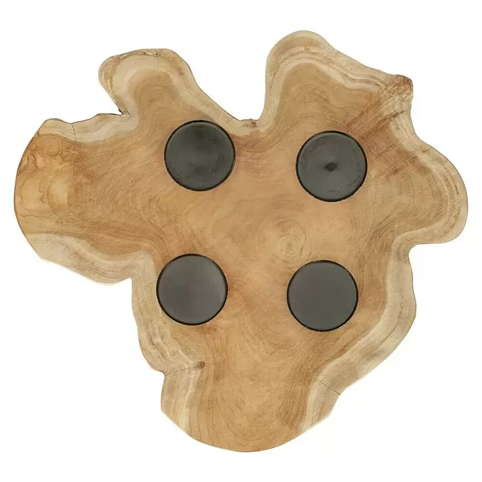 Adventskranz Holz - Durchmesser: 55 cm, Holz, Braun - Organisch geformter Kerzenhalter aus Holz mit vier dunklen runden Einsätzen für Teelichter.