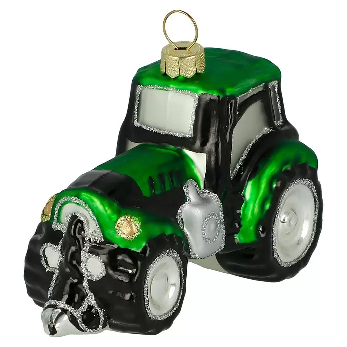 Christbaumschmuck Traktor - Grün, Glas, 1 Stk., 10 x 5,2 x 7,2 cm - Grün-schwarzer Glas-Traktor-Weihnachtsschmuck mit Glitzerakzenten und Goldaufhänger.