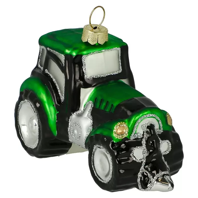 Christbaumschmuck Traktor - Grün, Glas, 1 Stk., 10 x 5,2 x 7,2 cm - Grün-schwarzer Glastraktor-Weihnachtsanhänger mit silbernen Glitzerakzenten und goldenem Aufhänger.