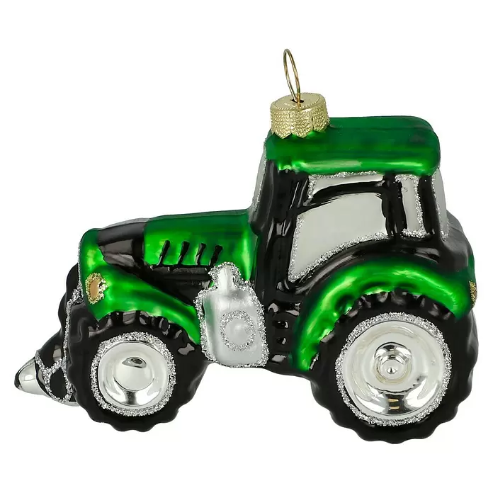 Christbaumschmuck Traktor - Grün, Glas, 1 Stk., 10 x 5,2 x 7,2 cm - Grüner und schwarzer Glitzer-Traktor-Weihnachtsbaumschmuck.