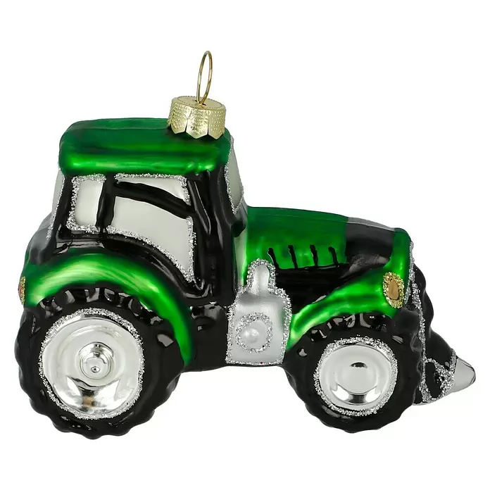 Christbaumschmuck Traktor - Grün, Glas, 1 Stk., 10 x 5,2 x 7,2 cm - Grün-schwarzer Traktor-Weihnachtsanhänger mit Glitzerakzenten und goldenem Aufhänger.