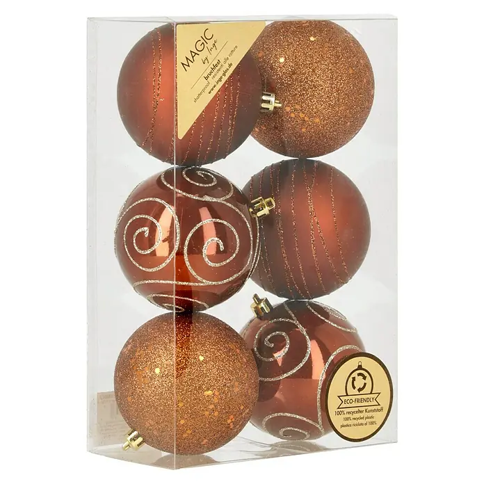 Weihnachtskugeln - Roasted Almond, Kunststoff, Durchmesser: 8 cm, 6 Stk. - Eine Packung mit sechs kupferfarbenen Weihnachtskugeln mit Glitzer und Mustern in einer transparenten Box.