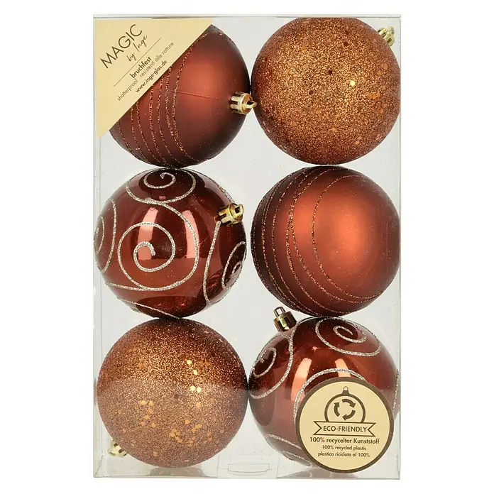 Weihnachtskugeln - Roasted Almond, Kunststoff, Durchmesser: 8 cm, 6 Stk. - Sechs braune Weihnachtskugeln mit Glitzer und Mustern in einer transparenten Verpackung.