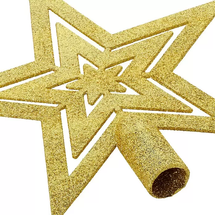 Christbaumspitze Stern - Länge: 19 cm, Royal Gold - Goldener Glitzerstern als Weihnachtsbaumspitze mit rohrförmigem Sockel.