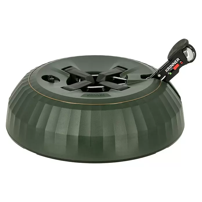 Krinner Christbaumständer X-320 Deluxe - Rund, Max_Baumlaenge: 3,2 Meter (m) - Dunkelgrüner Christbaumständer mit Hebelspannmechanismus und geriffeltem Sockel.