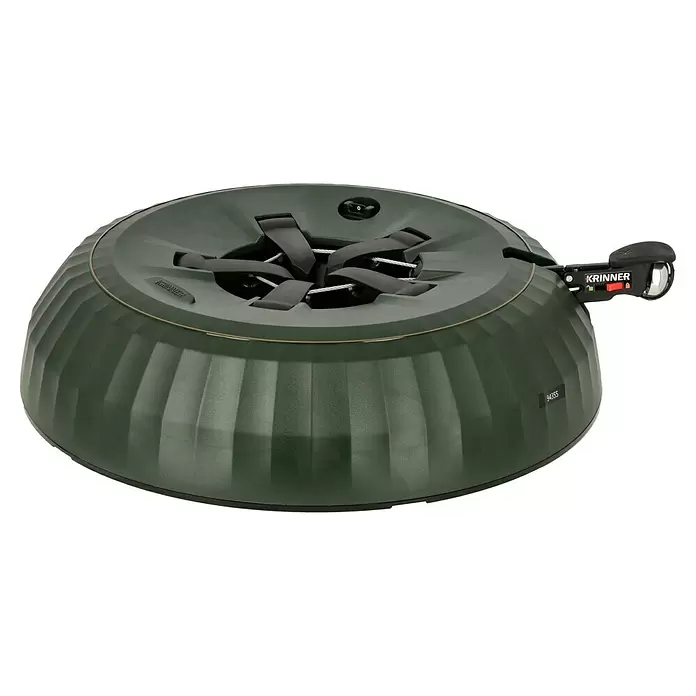 Krinner Christbaumständer X-440 Deluxe - Rund, Max_Baumlaenge: 4,4 Meter (m) - Dunkelgrüner Christbaumständer mit Seilzugklemmung, Wasserbehälter und seitlichem Griff zur Stammfixierung.