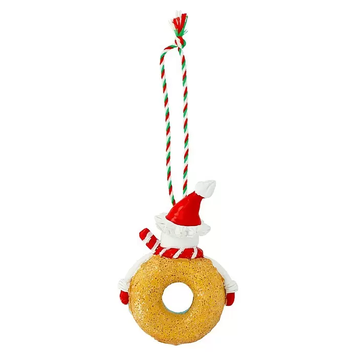 Decoris Christbaumschmuck Donut - Bunt, Polyresin, 9,6 x 7 x 3,2 cm - Weihnachtsschmuck: Weihnachtsmannfigur mit goldenem Glitzer-Donut, aufgehängt an rot-grün-weißem Faden.