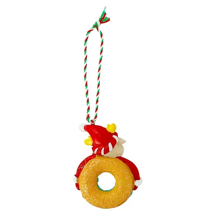 Decoris Christbaumschmuck Donut - Bunt, Polyresin, 9,6 x 7 x 3,2 cm - Weihnachtsbaumschmuck: Figur mit roter Weihnachtsmütze auf glitzerndem goldenem Donut, an rot-weiß-grüner Kordel hängend.