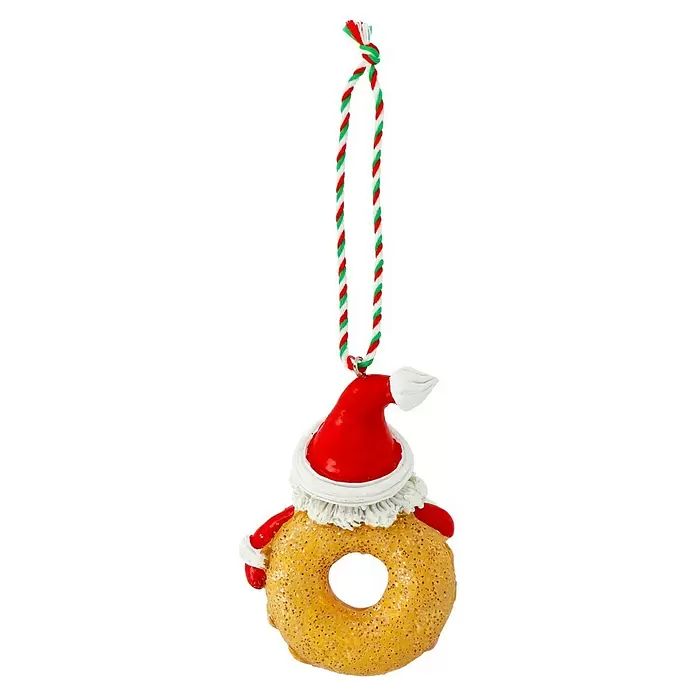Decoris Christbaumschmuck Donut - Bunt, Polyresin, 9,6 x 7 x 3,2 cm - Goldglitzernder Donut-Weihnachtsanhänger mit roter Weihnachtsmannmütze und rot-grün-weiß gedrehter Aufhängeschnur.