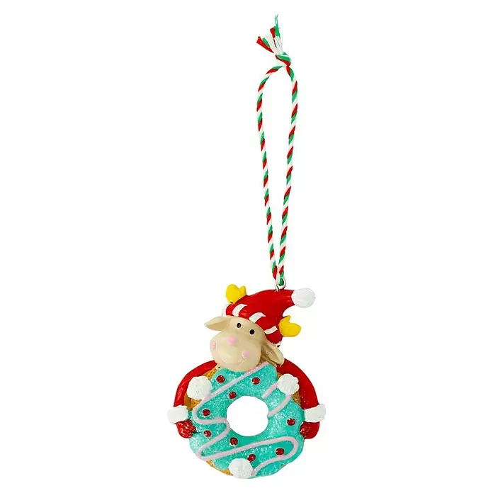 Decoris Christbaumschmuck Donut - Bunt, Polyresin, 9,6 x 7 x 3,2 cm - Weihnachtsornament: Schaf mit rotem Hut und blauem Donut, an gestreifter Schnur hängend.