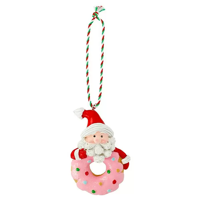 Decoris Christbaumschmuck Donut - Bunt, Polyresin, 9,6 x 7 x 3,2 cm - Weihnachtsmann-Ornament mit rosa Donut und Streuseln, hängt an rot-grün-weiß gestreifter Schnur.