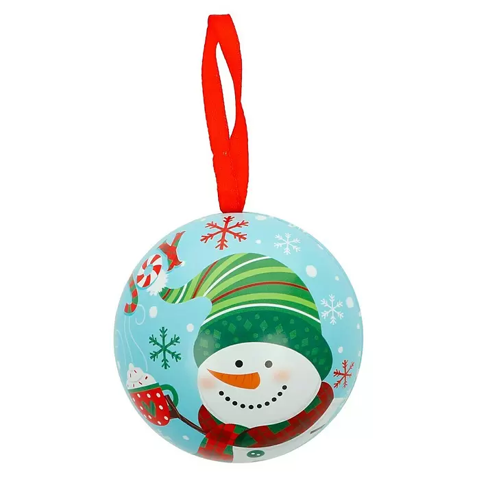 Decoris Christbaumkugel - Mehrfarbig, Metall, Durchmesser: 8 cm - Blauer kugelförmiger Weihnachtsschmuck mit Schneemannmotiv und rotem Aufhängeband.