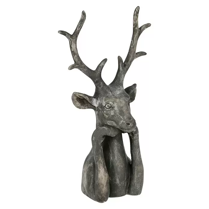 Dekofigur Hirsch Zen - L x B x H: 15 x 25,5 x 41 cm, Kunststoff, Hirsch - Dunkelgraue Hirschskulptur mit Geweih, der Kopf ruht nachdenklich auf den Vorderläufen.