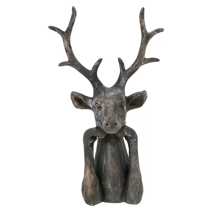 Dekofigur Hirsch Zen - L x B x H: 15 x 25,5 x 41 cm, Kunststoff, Hirsch - Dunkle Hirschfigur mit Geweih in nachdenklicher Pose.