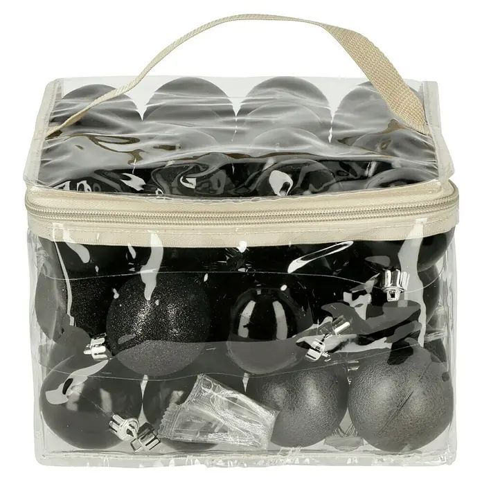 Weihnachtskugeln - Schwarz, Kunststoff, Durchmesser: 6 cm, 48 Stk. - Eine transparente Tasche mit einem Tragegriff, gefüllt mit einer Sammlung von schwarzen Weihnachtskugeln in verschiedenen Ausführungen.