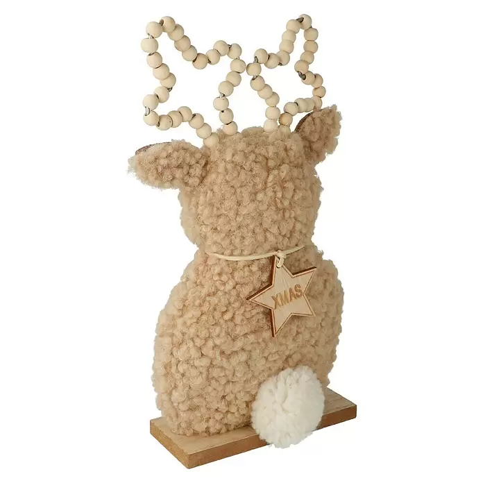 Dekofigur Hirsch - L x B x H: 13 x 5 x 24,5 cm, Braun/Grau, Holz, 1 Stk. - Flauschige hellbraune Rentier-Weihnachtsdeko mit sternförmigen Holzperlen-Geweih, weißem Flauschschwanz und Holz-„XMAS“-Sternanhänger, auf Holzsockel.