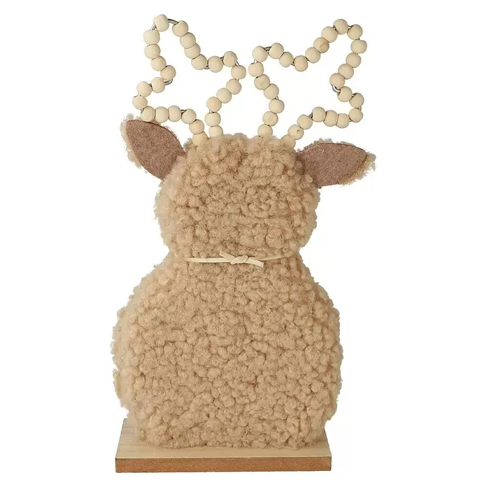 Dekofigur Hirsch - L x B x H: 13 x 5 x 24,5 cm, Braun/Grau, Holz, 1 Stk. - Dekoschaf aus beigem lockigem Fleece mit Filzohren, Geweih aus Holzperlen und Holzsockel.